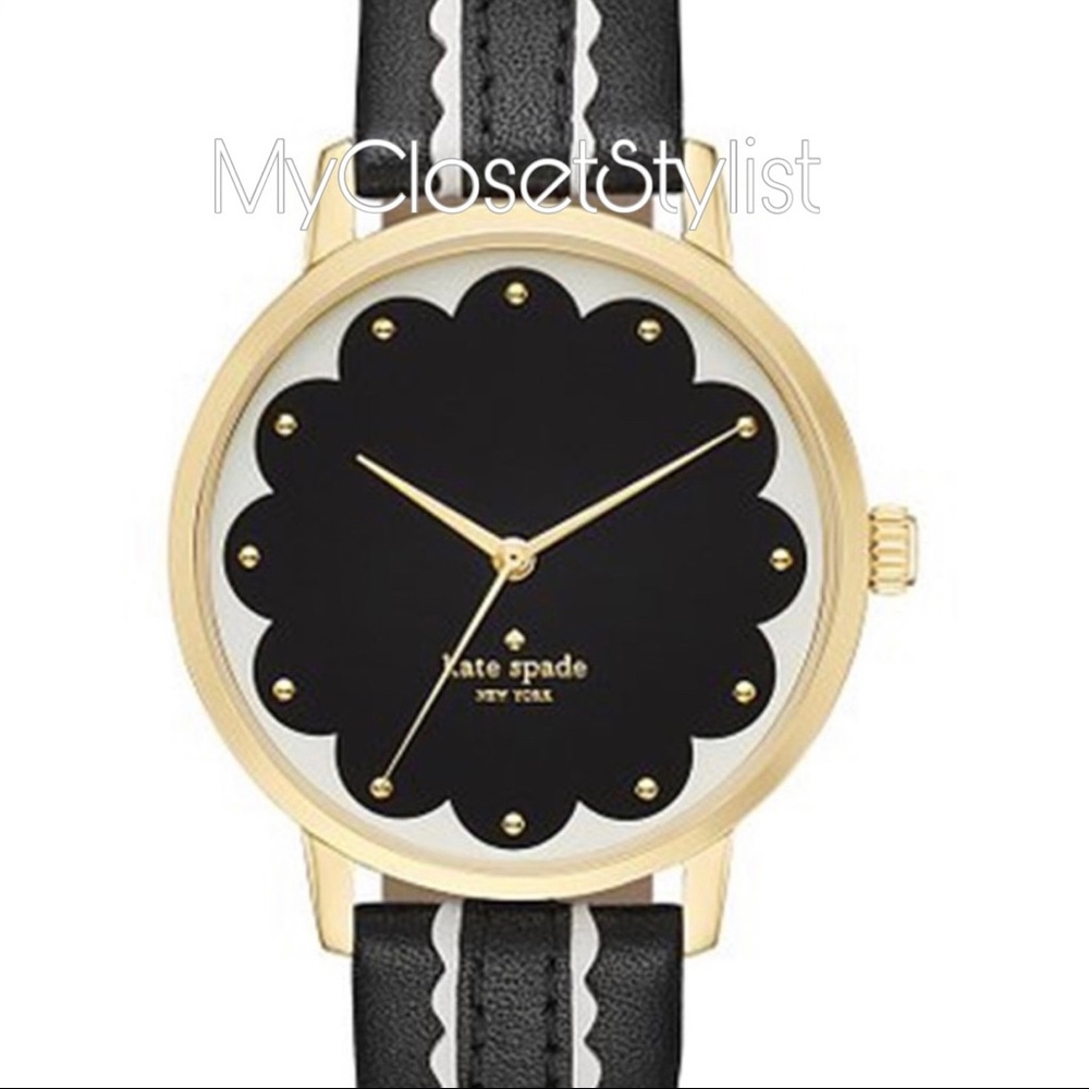 KATE SPADE Gold Metro Luxe Watch black white leather band NEW battery